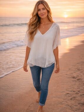 Elegant Italian Silk Blend V-Neck Crochet  Blouse